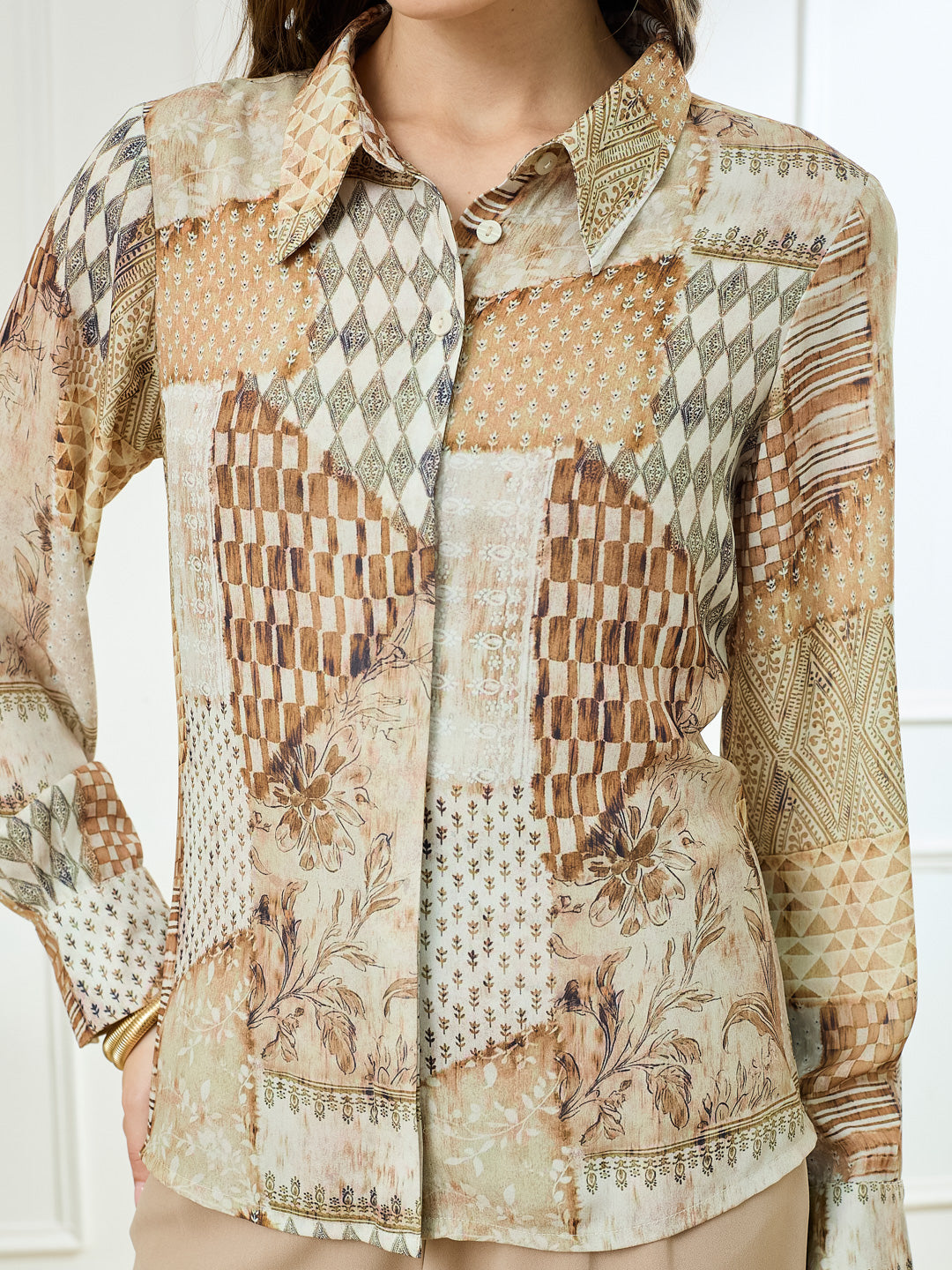 Latin Quarters Women's Beige Full Sleeves Collar Neck Casual Printed Shirt