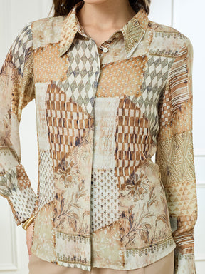 Latin Quarters Women's Beige Full Sleeves Collar Neck Casual Printed Shirt