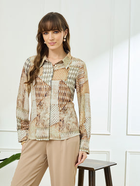 Latin Quarters Women's Beige Full Sleeves Collar Neck Casual Printed Shirt