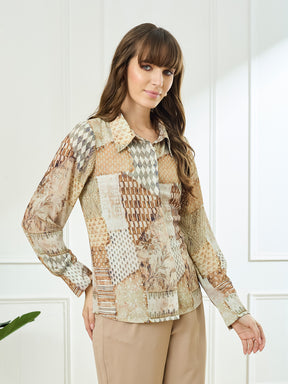Latin Quarters Women's Beige Full Sleeves Collar Neck Casual Printed Shirt