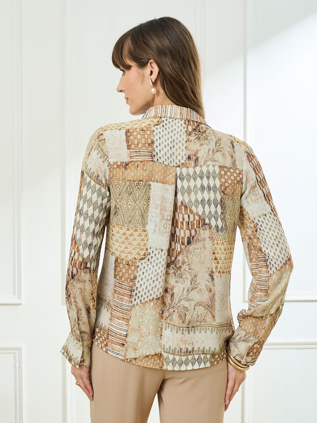 Latin Quarters Women's Beige Full Sleeves Collar Neck Casual Printed Shirt