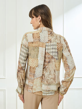 Latin Quarters Women's Beige Full Sleeves Collar Neck Casual Printed Shirt