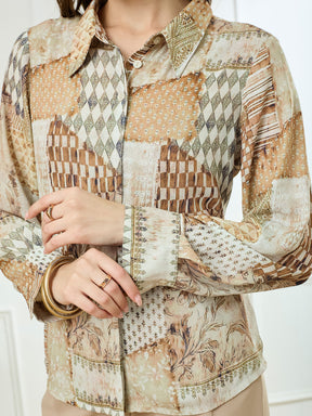 Latin Quarters Women's Beige Full Sleeves Collar Neck Casual Printed Shirt