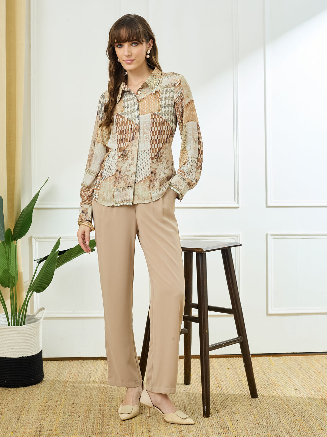 Latin Quarters Women's Beige Full Sleeves Collar Neck Casual Printed Shirt