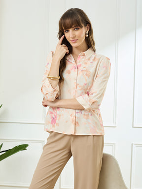 Latin Quarters Women's Peach 3/4th Sleeves Collar Neck Casual Printed Shirt