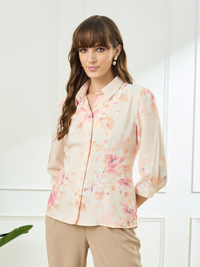 Latin Quarters Women's Peach 3/4th Sleeves Collar Neck Casual Printed Shirt