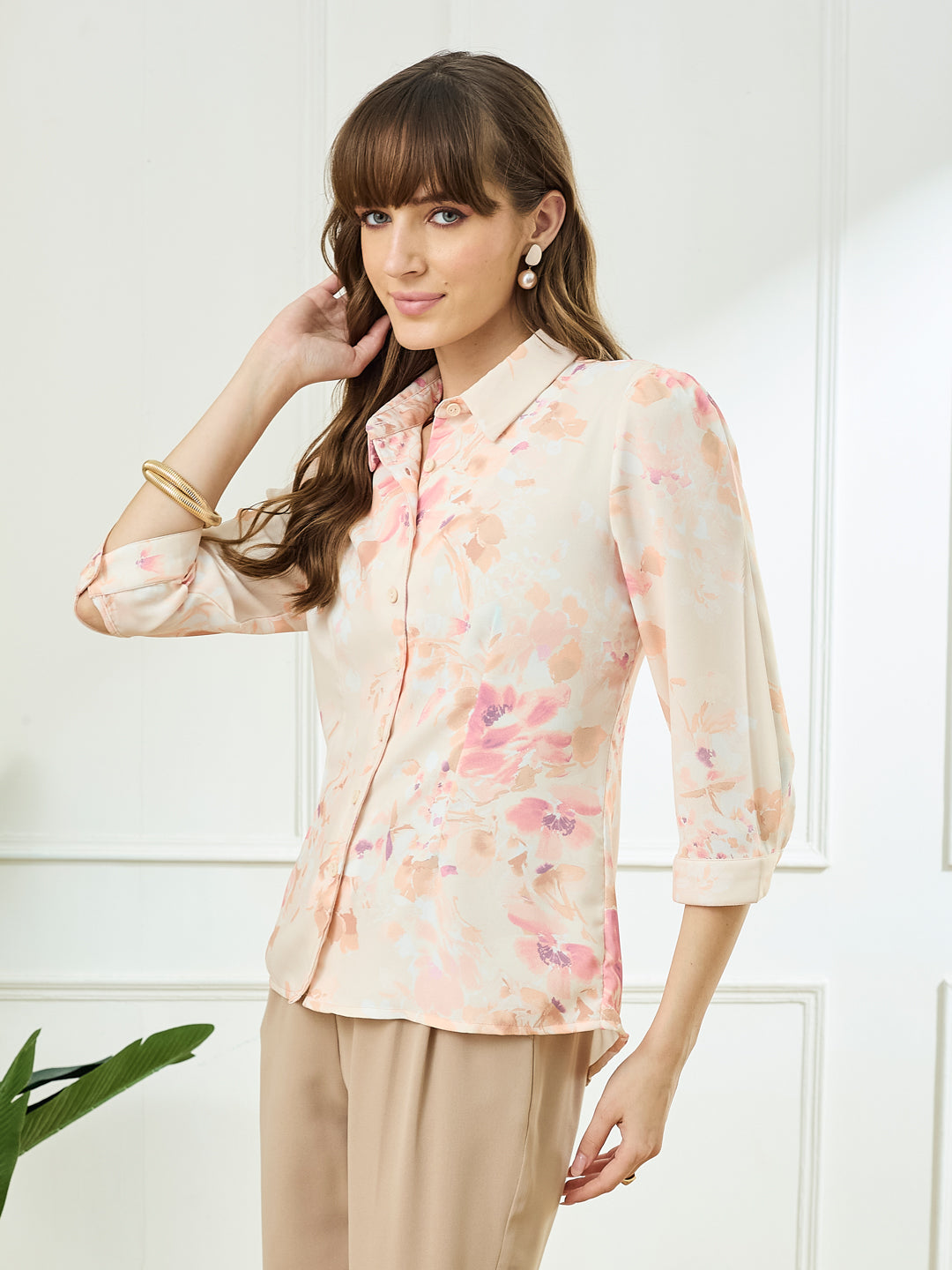 Latin Quarters Women's Peach 3/4th Sleeves Collar Neck Casual Printed Shirt
