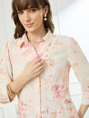 Latin Quarters Women's Peach 3/4th Sleeves Collar Neck Casual Printed Shirt