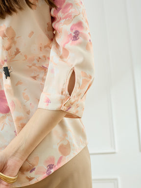 Latin Quarters Women's Peach 3/4th Sleeves Collar Neck Casual Printed Shirt