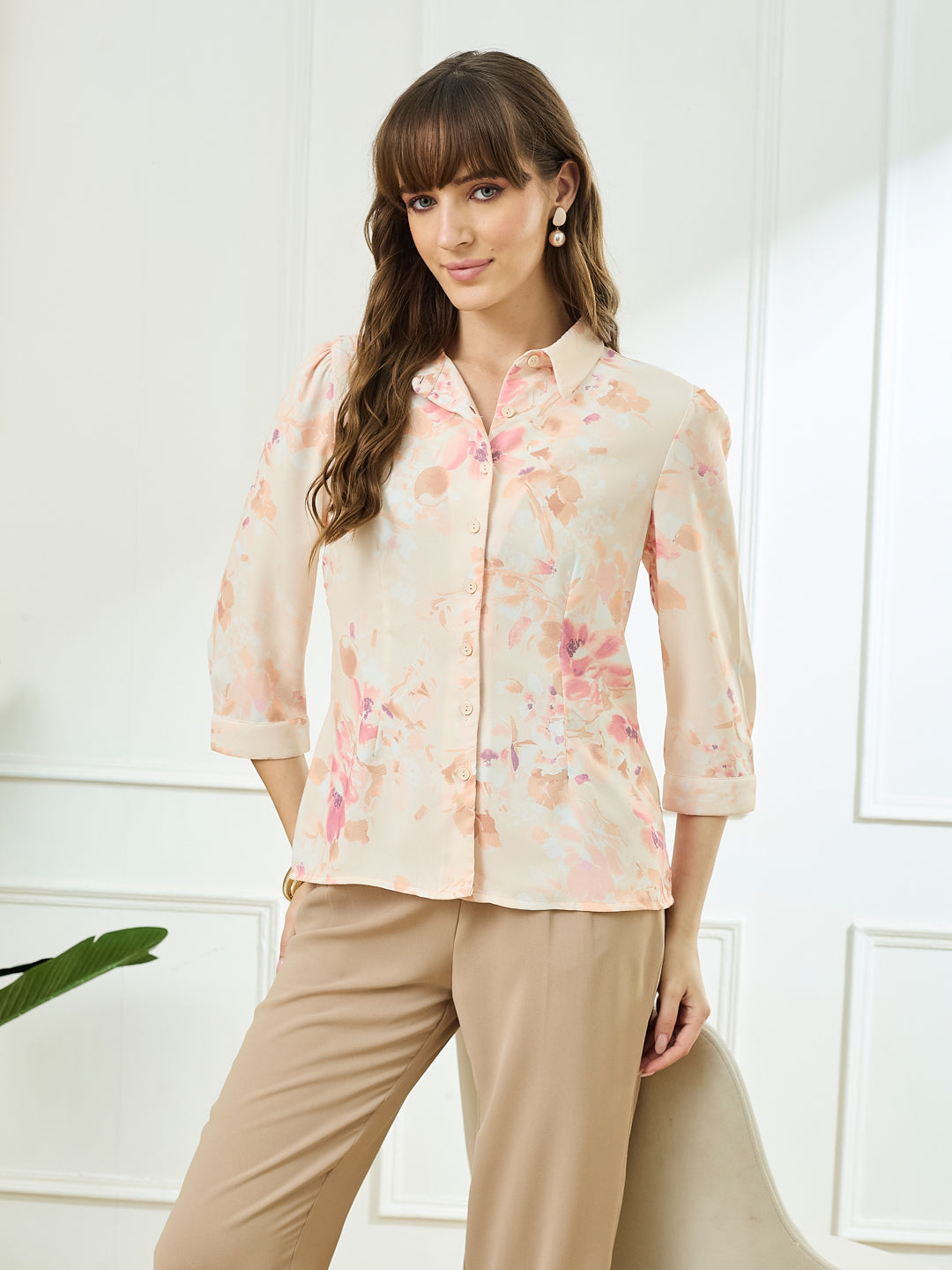 Latin Quarters Women's Peach 3/4th Sleeves Collar Neck Casual Printed Shirt