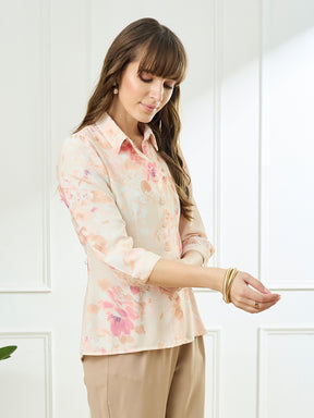 Latin Quarters Women's Peach 3/4th Sleeves Collar Neck Casual Printed Shirt