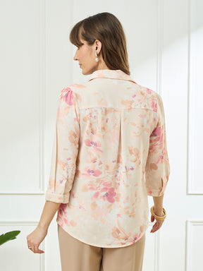 Latin Quarters Women's Peach 3/4th Sleeves Collar Neck Casual Printed Shirt