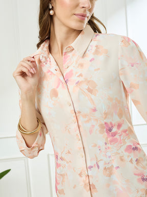 Latin Quarters Women's Peach 3/4th Sleeves Collar Neck Casual Printed Shirt