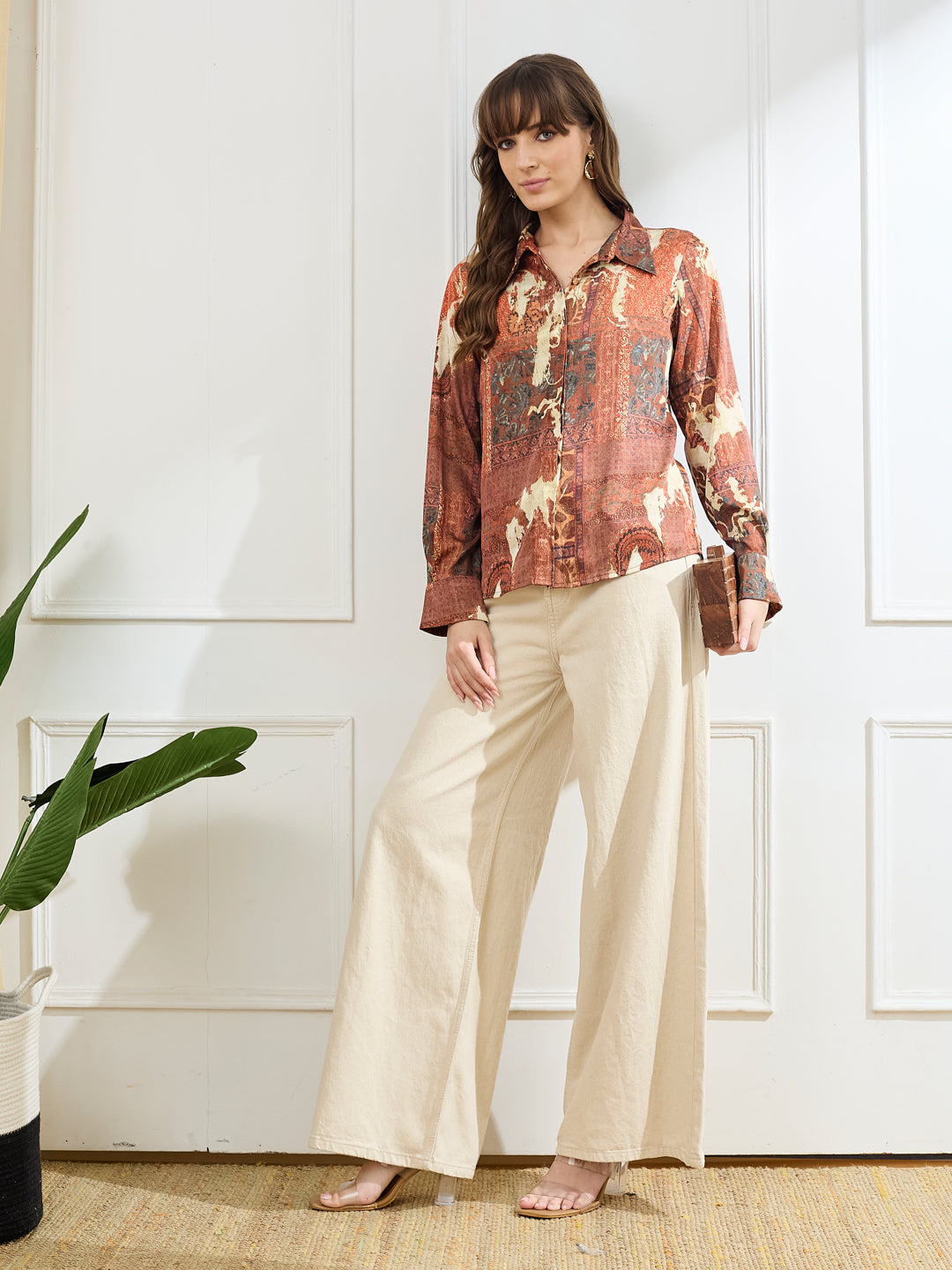 Latin Quarters Women's Rust Full Sleeves Collar Neck Casual Printed Shirt