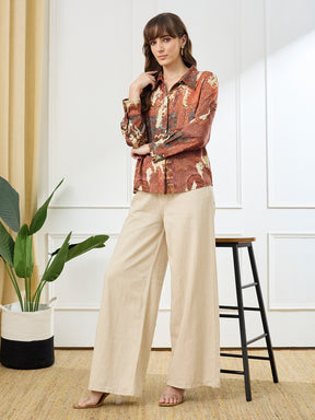 Latin Quarters Women's Rust Full Sleeves Collar Neck Casual Printed Shirt