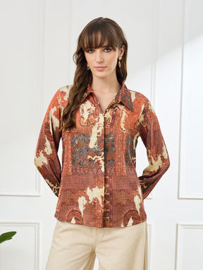Latin Quarters Women's Rust Full Sleeves Collar Neck Casual Printed Shirt