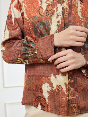 Latin Quarters Women's Rust Full Sleeves Collar Neck Casual Printed Shirt