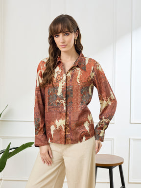 Latin Quarters Women's Rust Full Sleeves Collar Neck Casual Printed Shirt