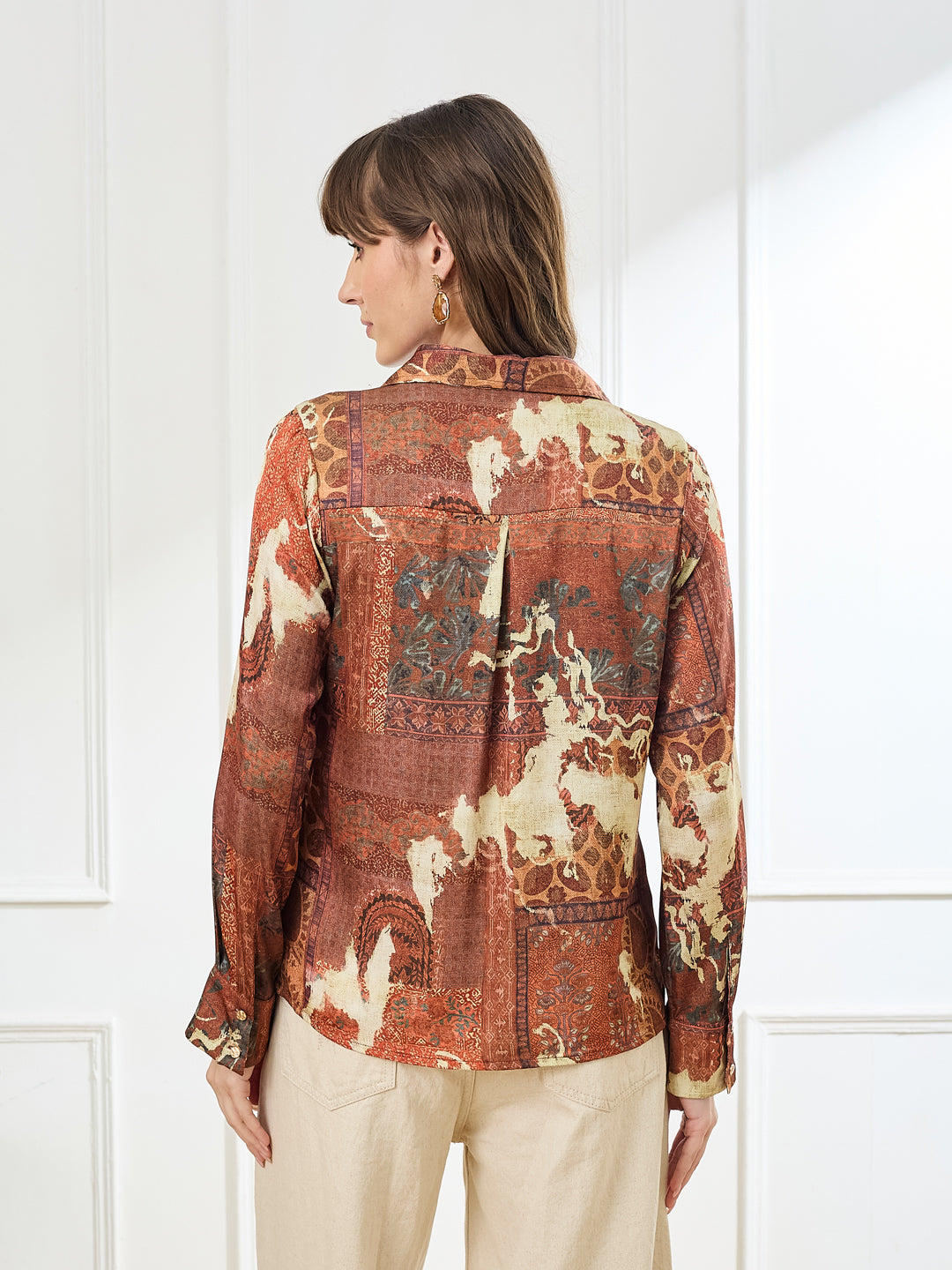 Latin Quarters Women's Rust Full Sleeves Collar Neck Casual Printed Shirt