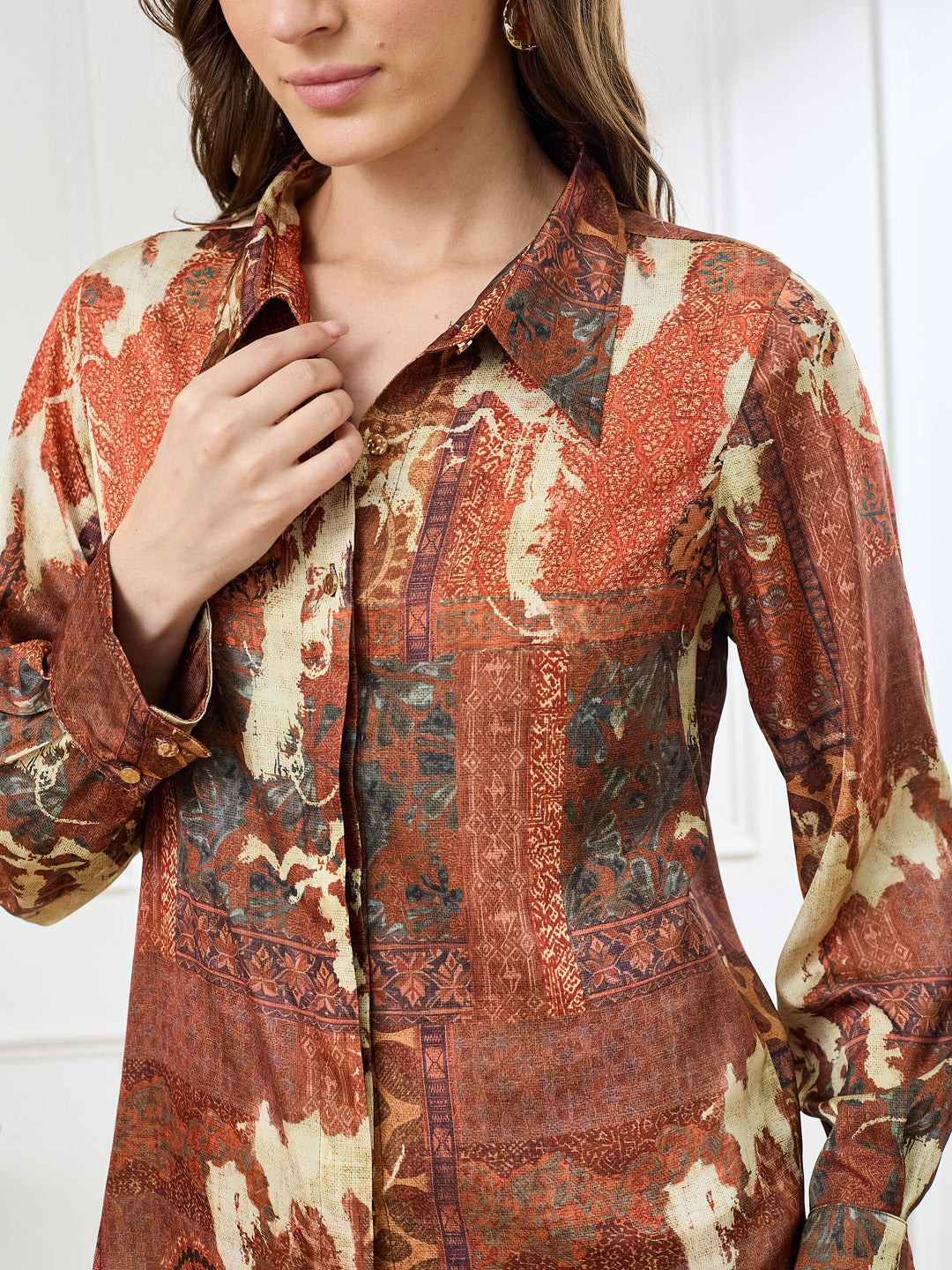 Latin Quarters Women's Rust Full Sleeves Collar Neck Casual Printed Shirt