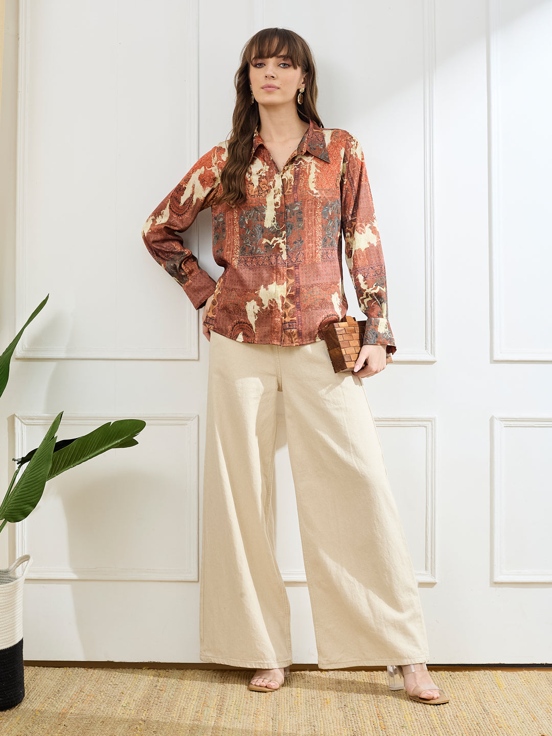 Latin Quarters Women's Rust Full Sleeves Collar Neck Casual Printed Shirt