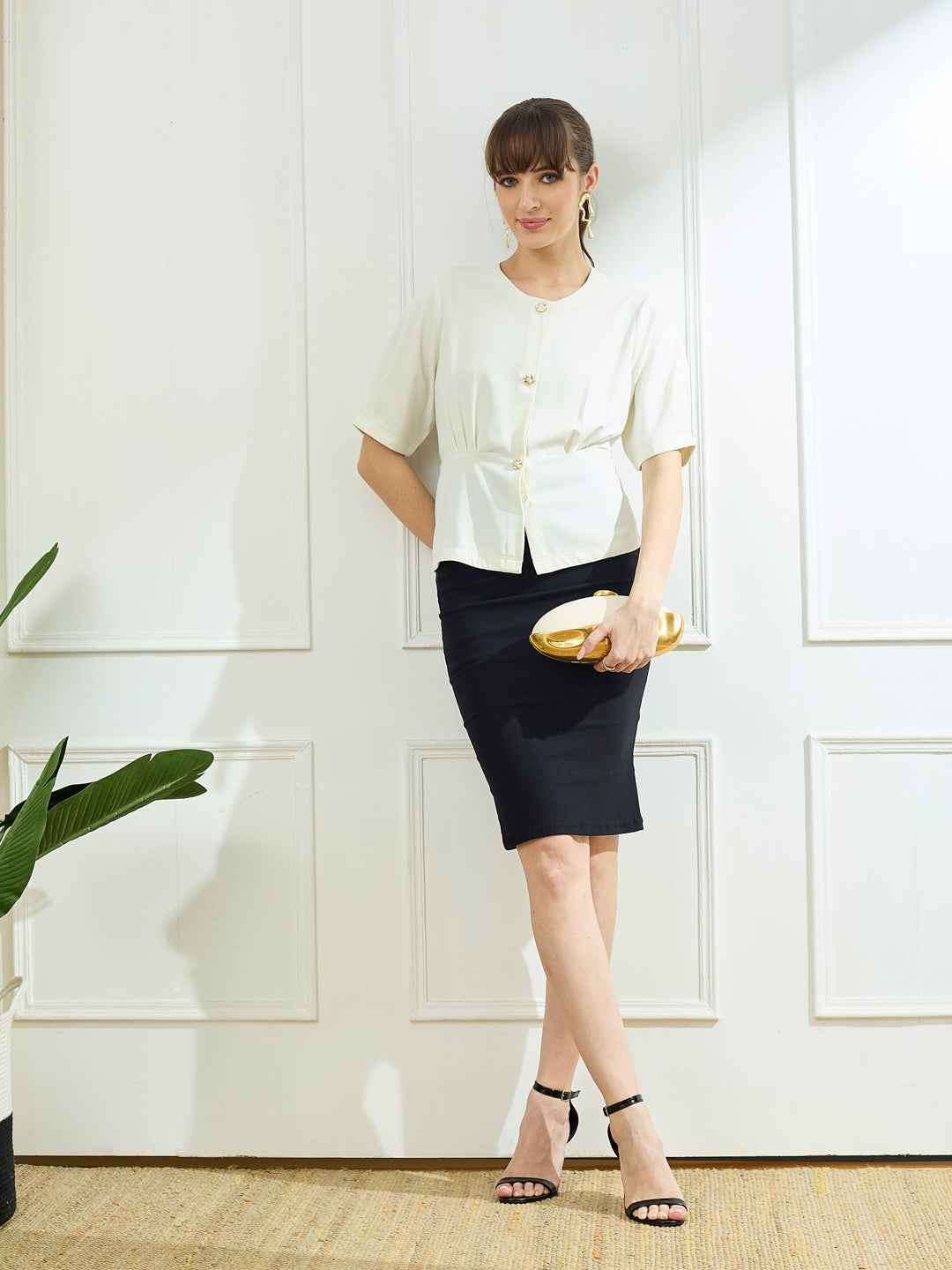 Latin Quarters Women's White Half Sleeves Round Neck Casual Solid Top