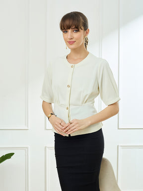 Latin Quarters Women's White Half Sleeves Round Neck Casual Solid Top