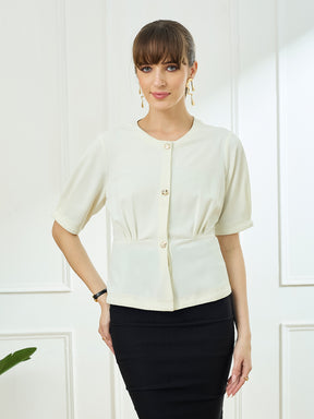 Latin Quarters Women's White Half Sleeves Round Neck Casual Solid Top