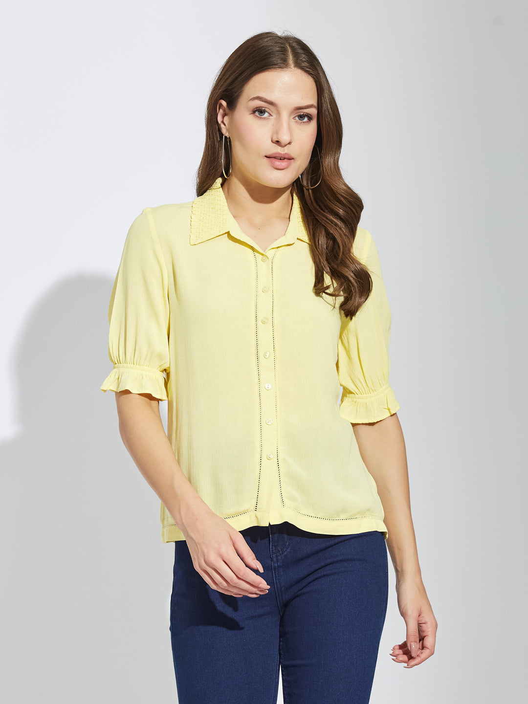 Latin Quarters Women's Yellow Half Sleeves Collar Neck Casual Solid Shirt
