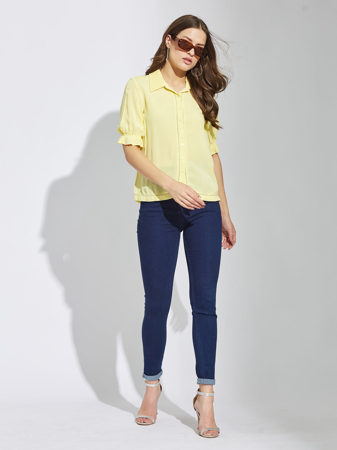 Latin Quarters Women's Yellow Half Sleeves Collar Neck Casual Solid Shirt