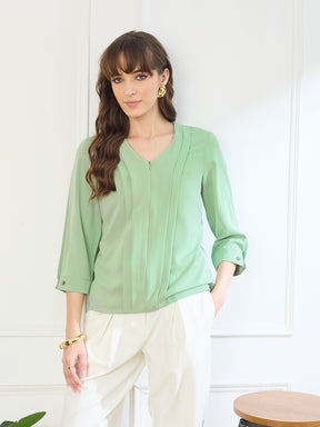Latin Quarters Women's Green 3/4th Sleeves V-Neck Casual Solid Top