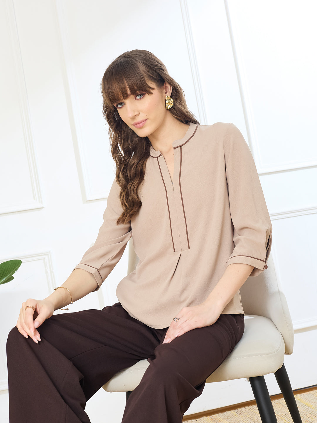 Latin Quarters Women's Beige 3/4th Sleeves Mandarin Neck Casual Solid Top