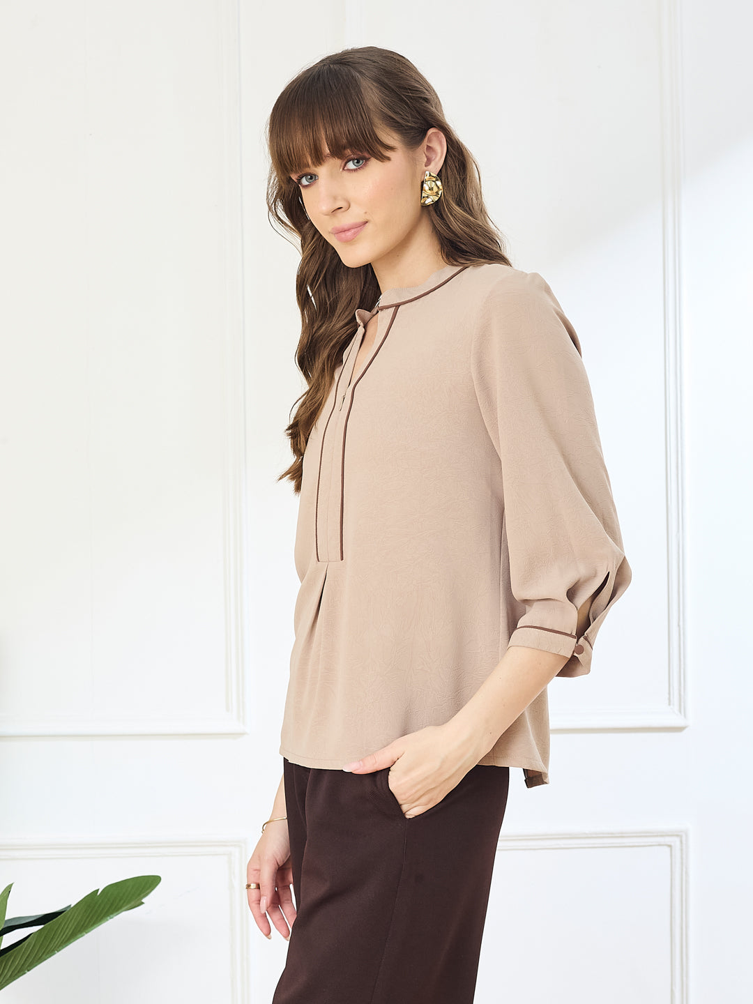 Latin Quarters Women's Beige 3/4th Sleeves Mandarin Neck Casual Solid Top