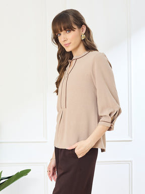 Latin Quarters Women's Beige 3/4th Sleeves Mandarin Neck Casual Solid Top