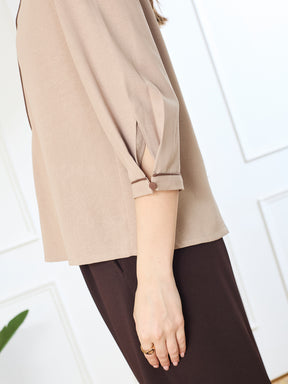 Latin Quarters Women's Beige 3/4th Sleeves Mandarin Neck Casual Solid Top