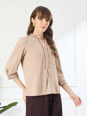 Latin Quarters Women's Beige 3/4th Sleeves Mandarin Neck Casual Solid Top