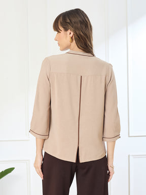 Latin Quarters Women's Beige 3/4th Sleeves Mandarin Neck Casual Solid Top