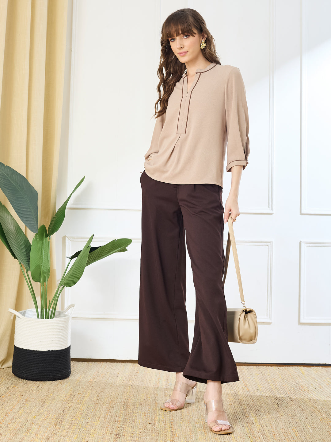 Latin Quarters Women's Beige 3/4th Sleeves Mandarin Neck Casual Solid Top