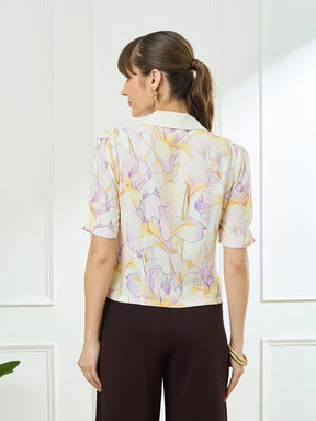 Latin Quarters Women's White Half Sleeves V-Neck Casual Printed Top