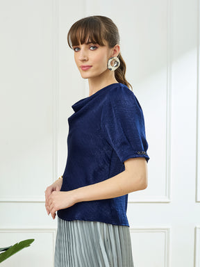 Latin Quarters Women's Navy Blue Half Sleeves Cowl Neck Casual Solid Top