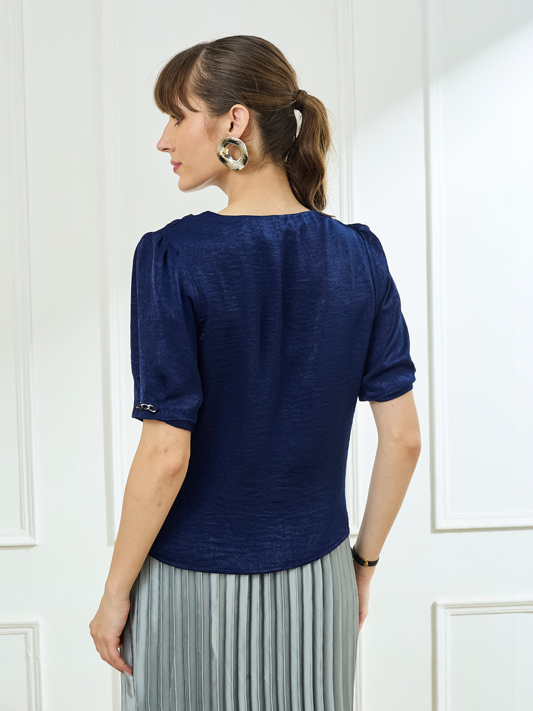 Latin Quarters Women's Navy Blue Half Sleeves Cowl Neck Casual Solid Top