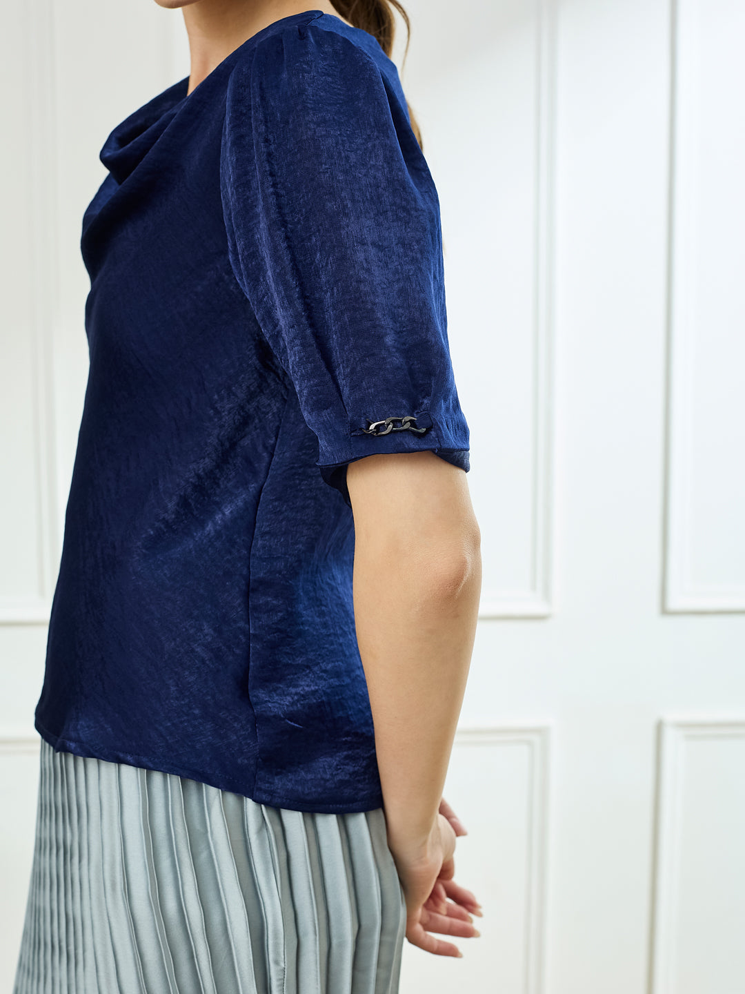 Latin Quarters Women's Navy Blue Half Sleeves Cowl Neck Casual Solid Top