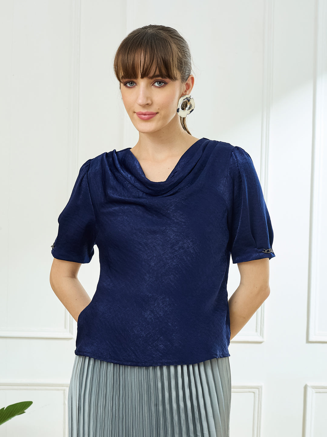 Latin Quarters Women's Navy Blue Half Sleeves Cowl Neck Casual Solid Top