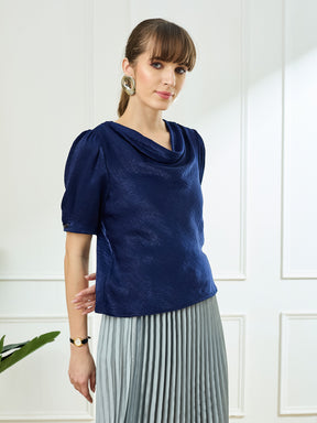 Latin Quarters Women's Navy Blue Half Sleeves Cowl Neck Casual Solid Top