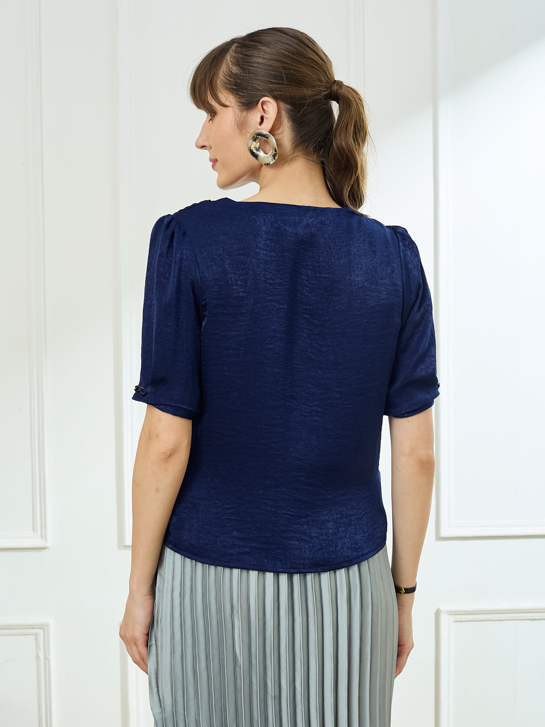 Latin Quarters Women's Navy Blue Half Sleeves Cowl Neck Casual Solid Top