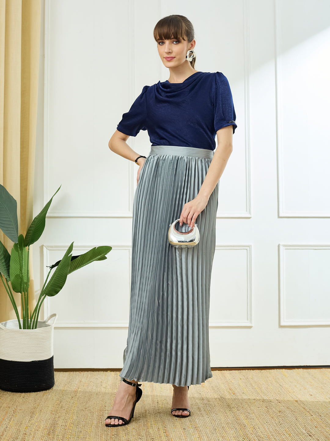 Latin Quarters Women's Navy Blue Half Sleeves Cowl Neck Casual Solid Top