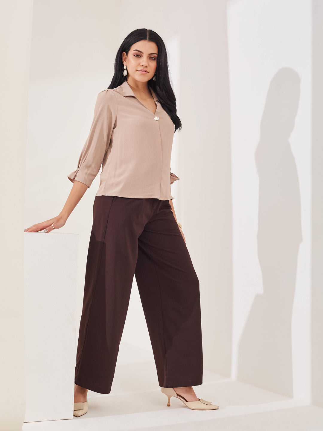 Latin Quarters Women's Beige Solid 3/4th Sleeve Collar Neck Casual Top