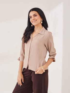 Latin Quarters Women's Beige Solid 3/4th Sleeve Collar Neck Casual Top