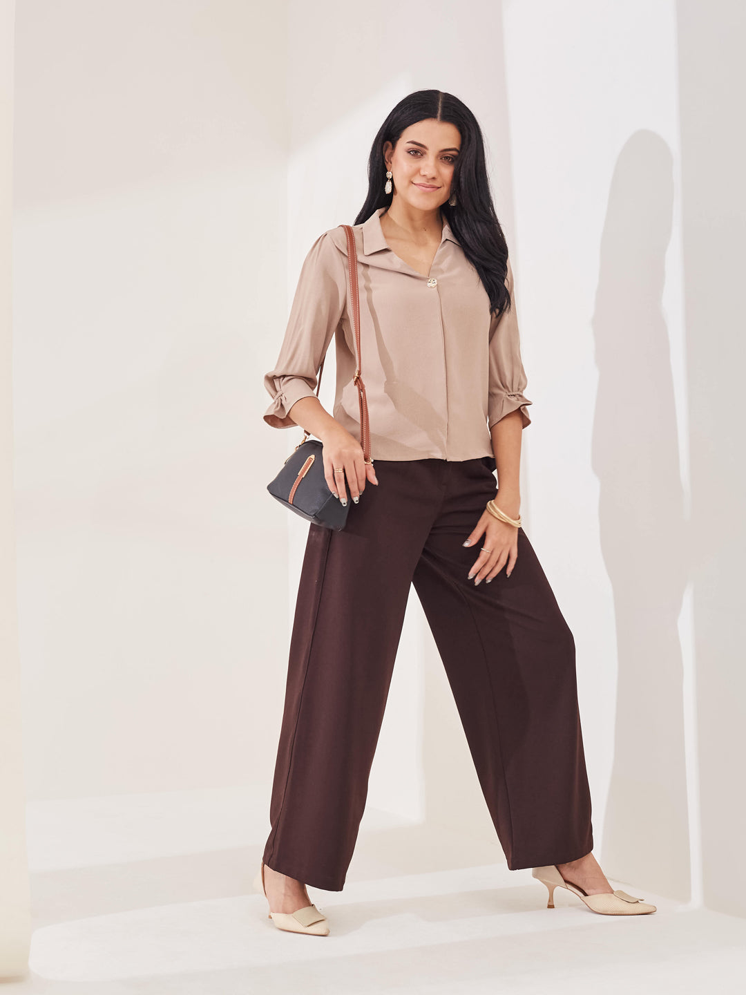 Latin Quarters Women's Beige Solid 3/4th Sleeve Collar Neck Casual Top