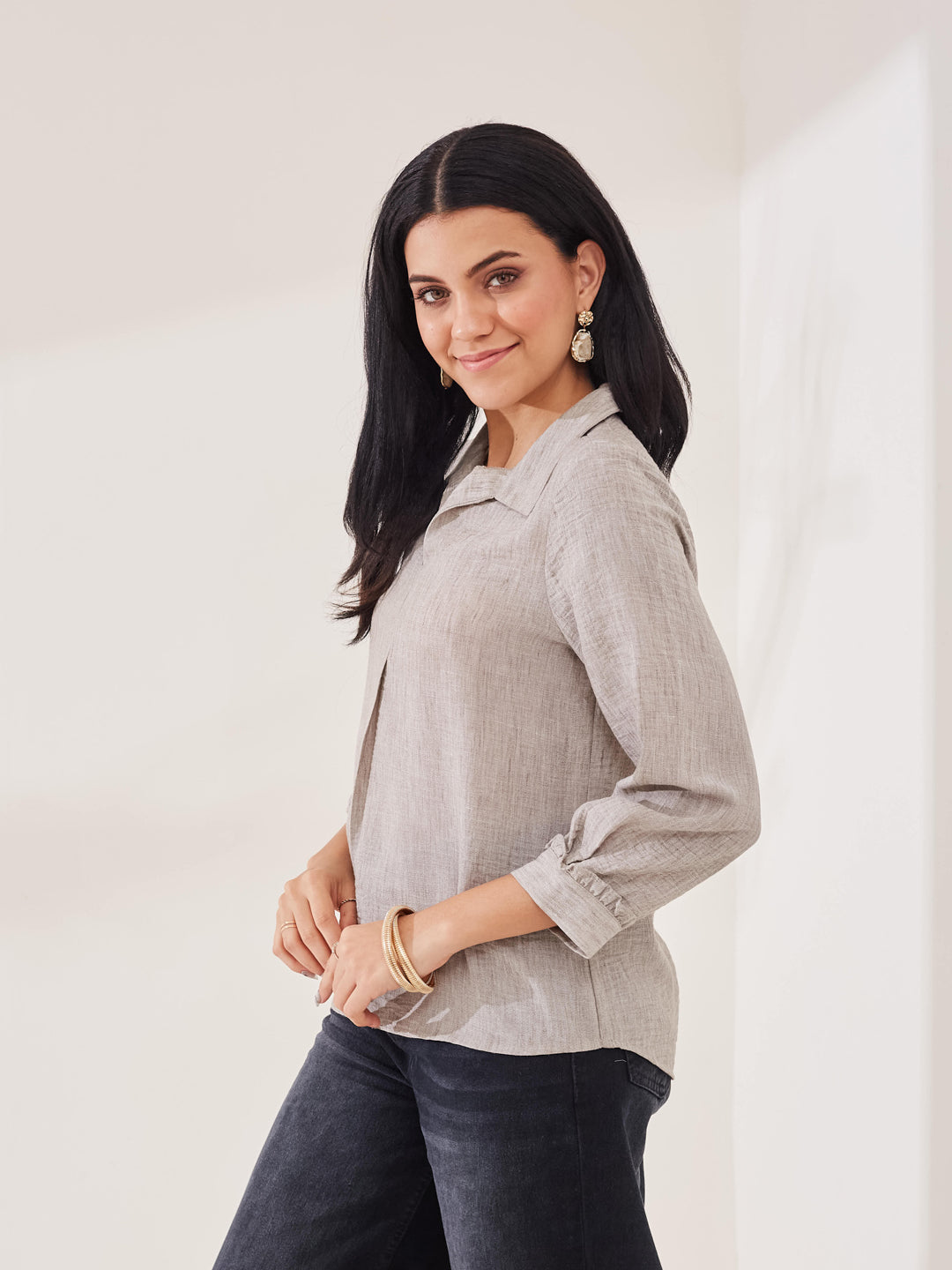 Latin Quarters Women's Grey Solid 3/4th Sleeve Collar Neck Casual Tunic